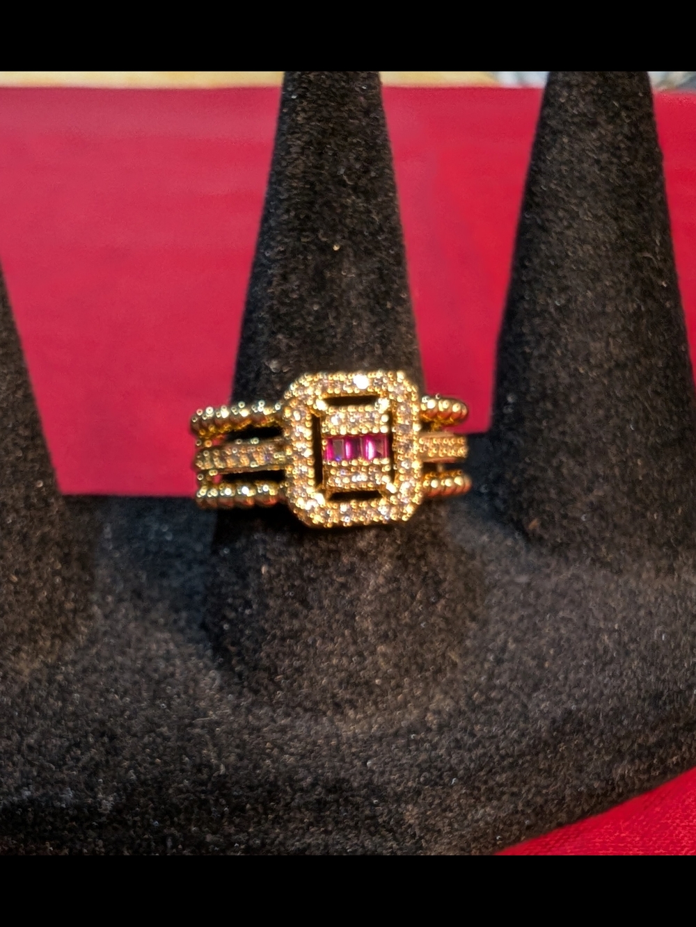 Gold Pink Baguette & Pavé Halo Ring
